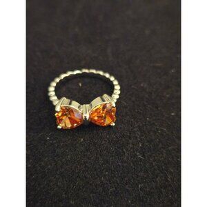 Silver Toned Bow Ring with Orange Stones, Size 8
